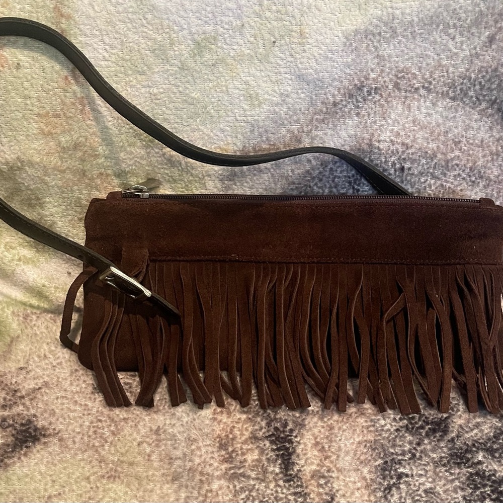 Brown Suede Fringe Clutch W/Complimentary Beauty Items - Picture 1 of 6